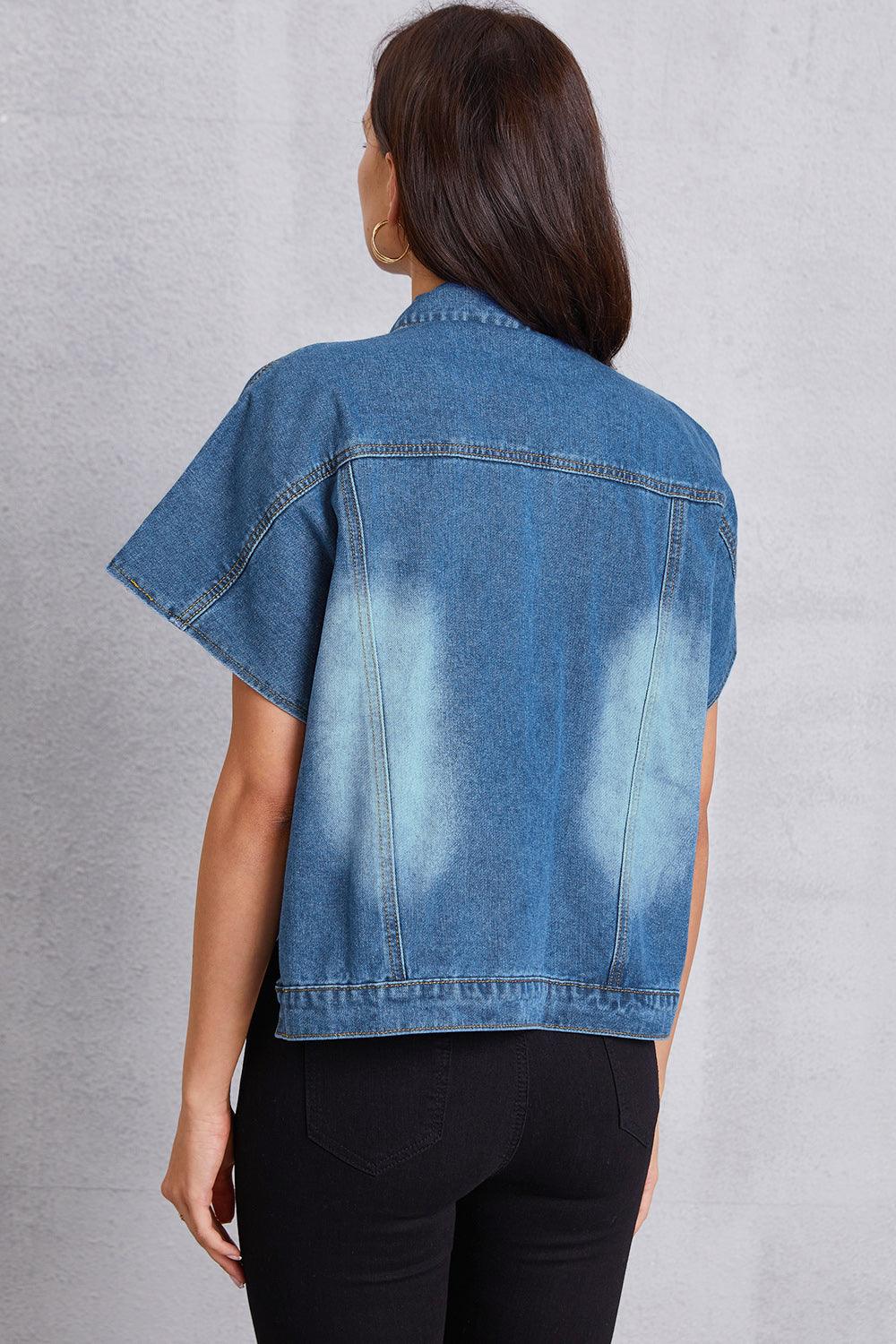Pocketed Button Up Short Sleeve Denim Top Carauana Store