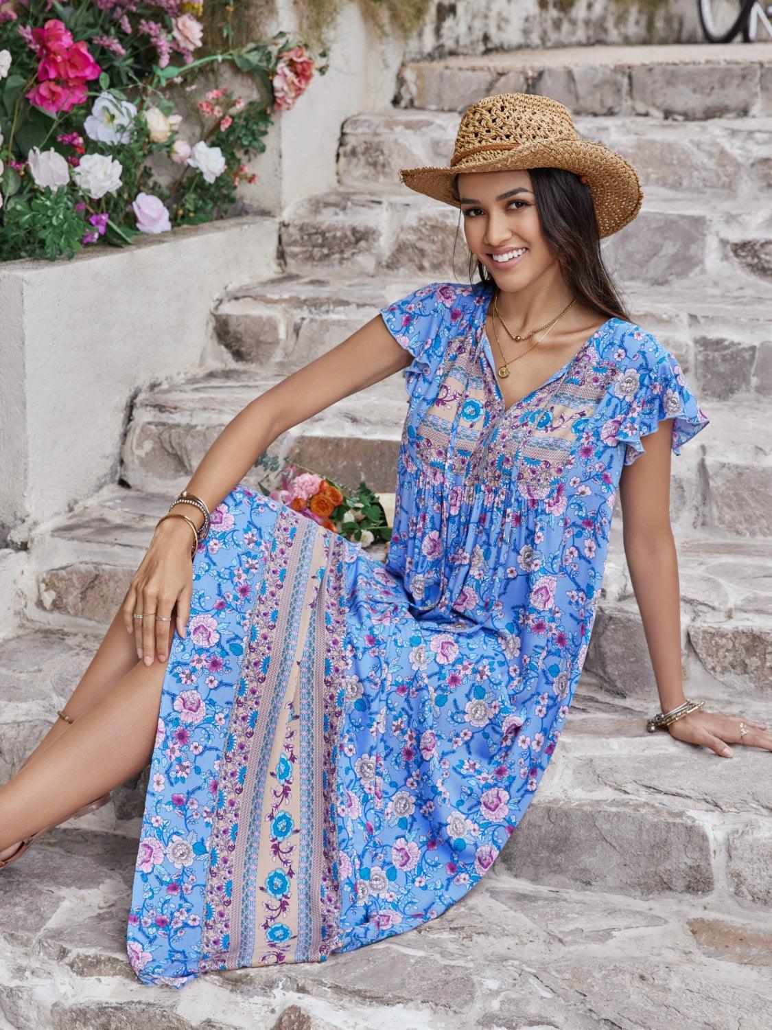 Ruffled Printed Tie Neck Cap Sleeve Dress Carauana Store