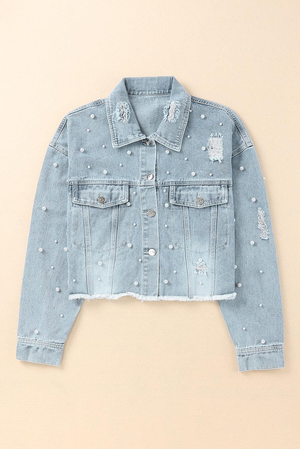 Distressed Pearl Trim Button Up Denim Jacket Carauana Store