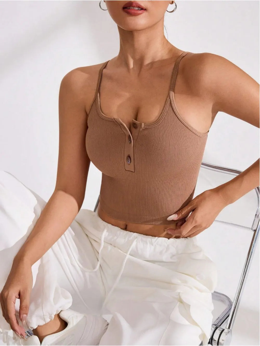 Ribbed Half Button Cropped Active Cami Carauana Store