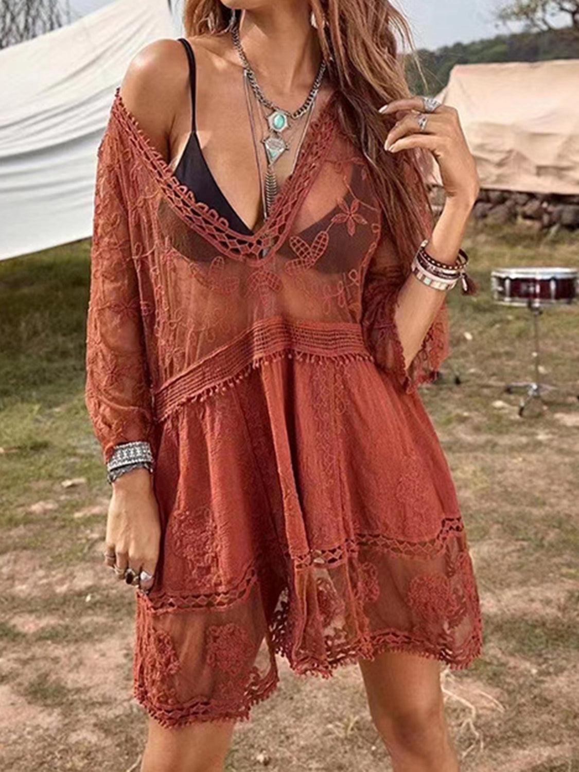 Lace Detail Plunge Cover-Up Dress Carauana Store