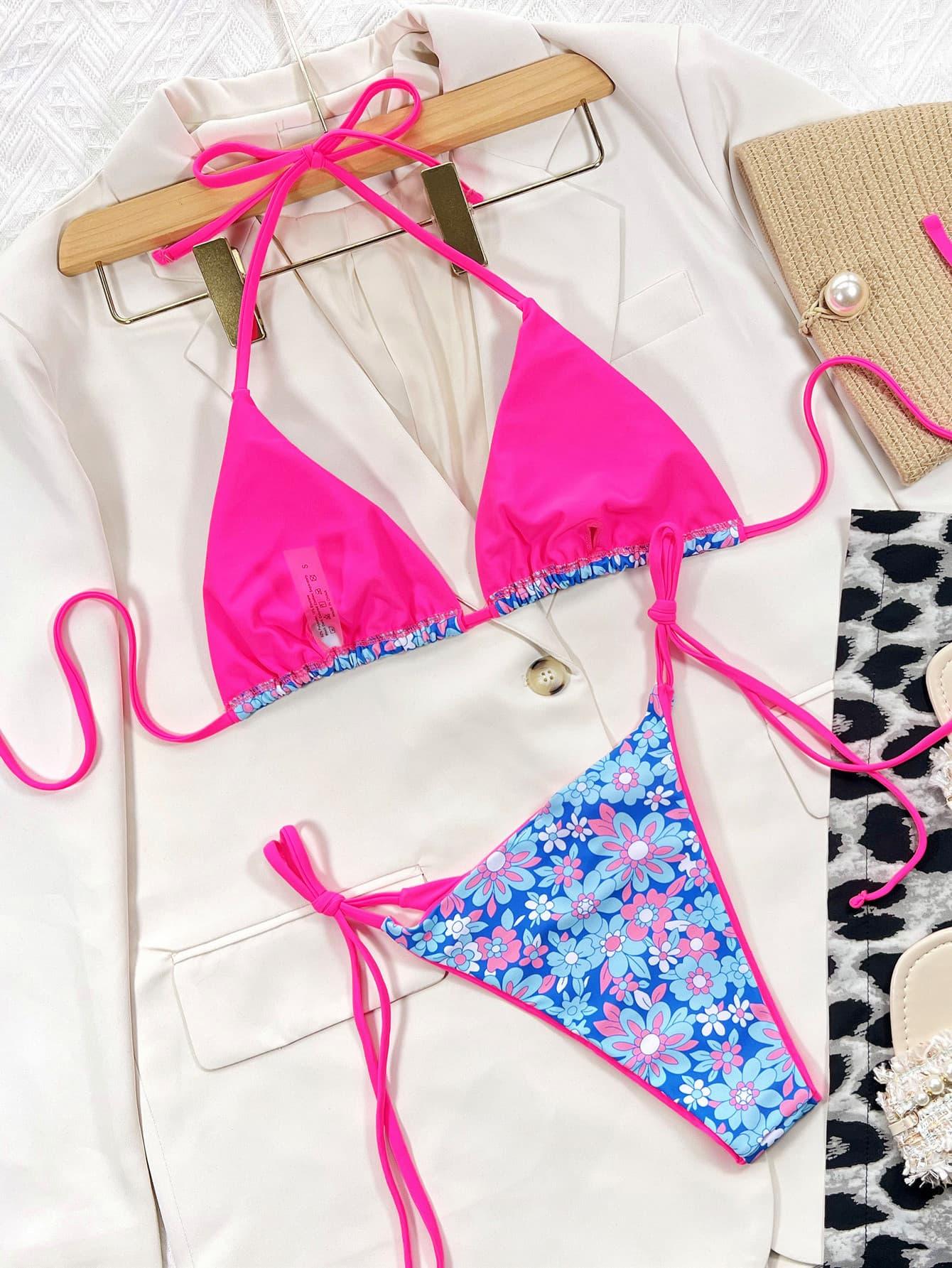 Floral Halter Neck Tie Side Bikini Set Carauana Store