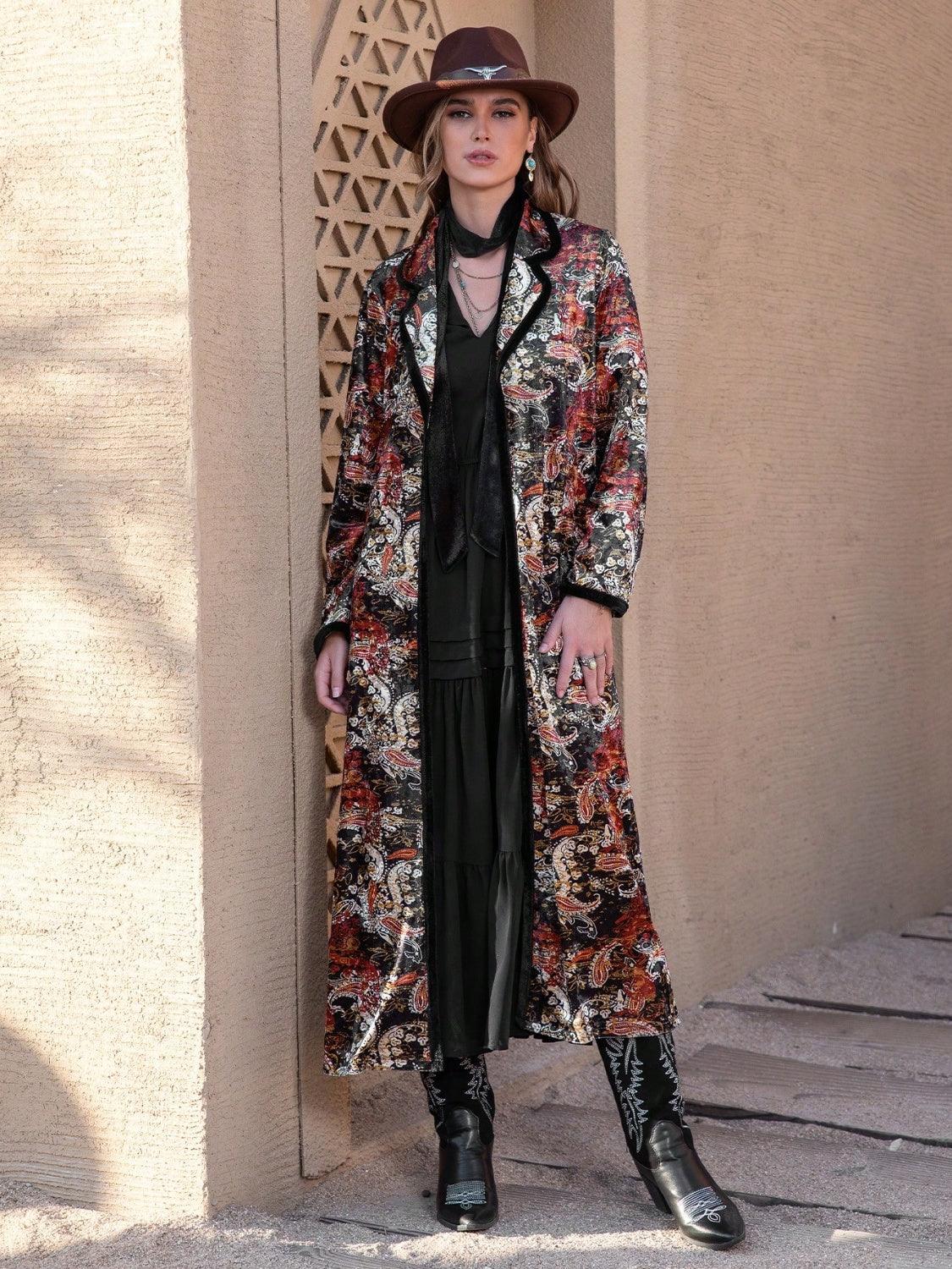 Printed Open Front Long Sleeve Outerwear Carauana Store