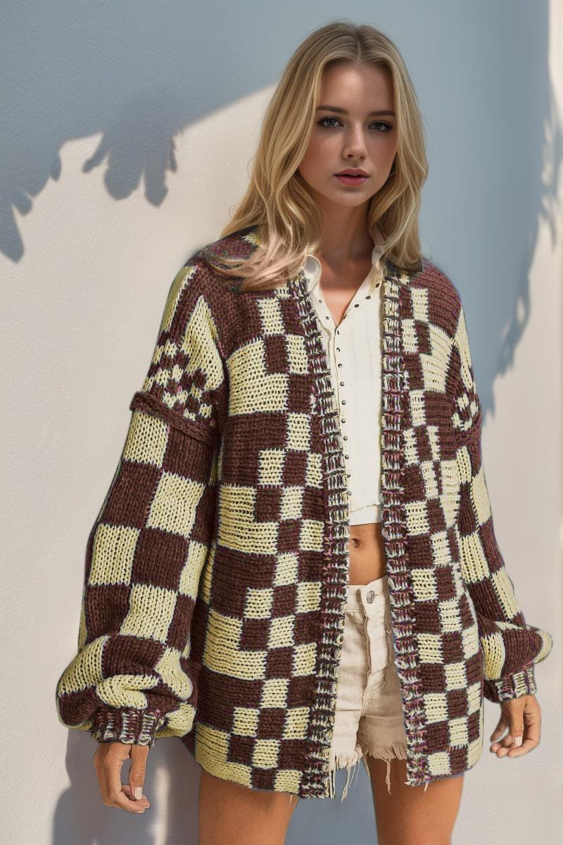 Double Take Full Size Open Front Checkered Drop Shoulder Cardigan Carauana Store