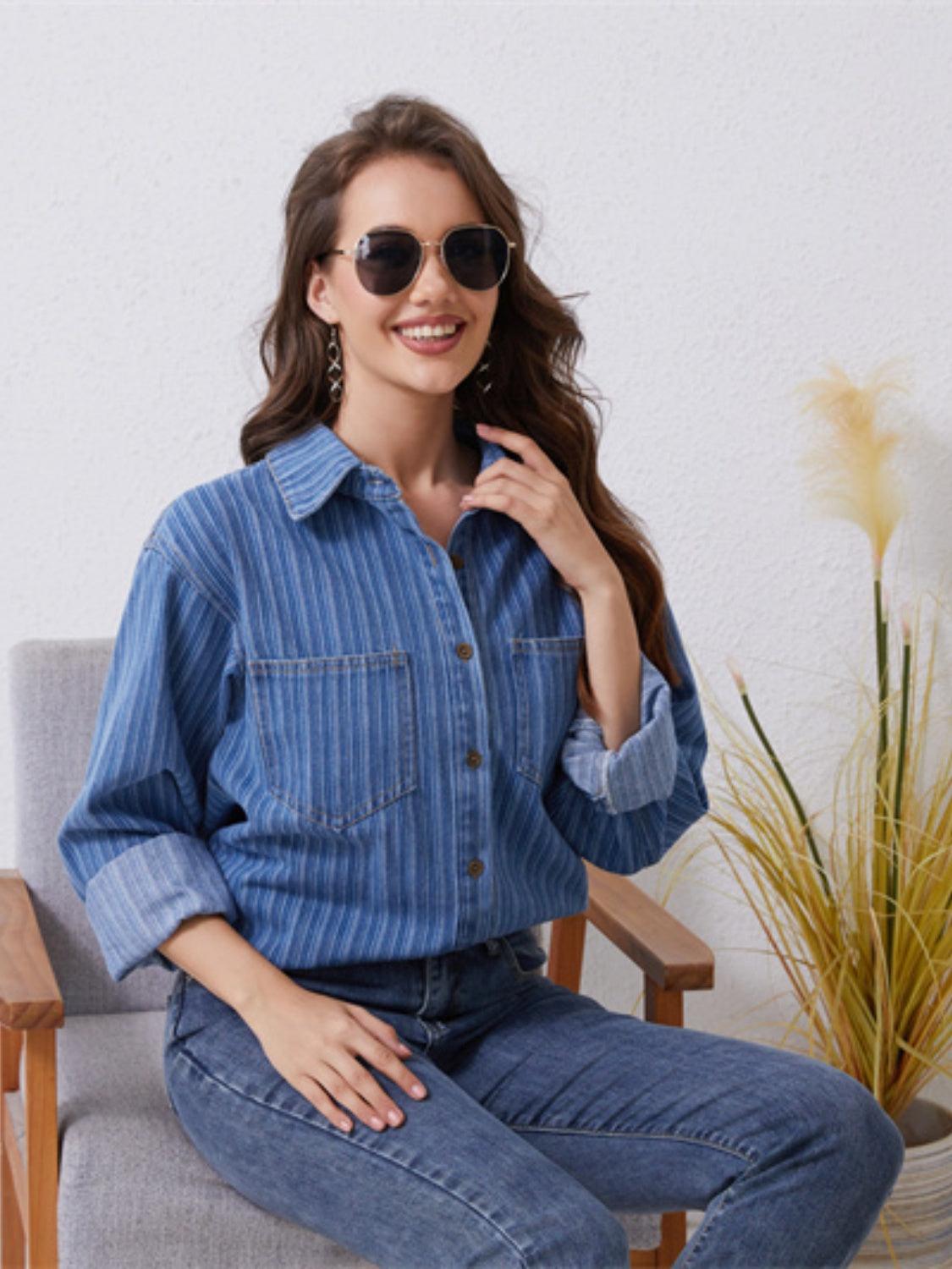 Pocketed Striped Button Up Denim Shirt Carauana Store
