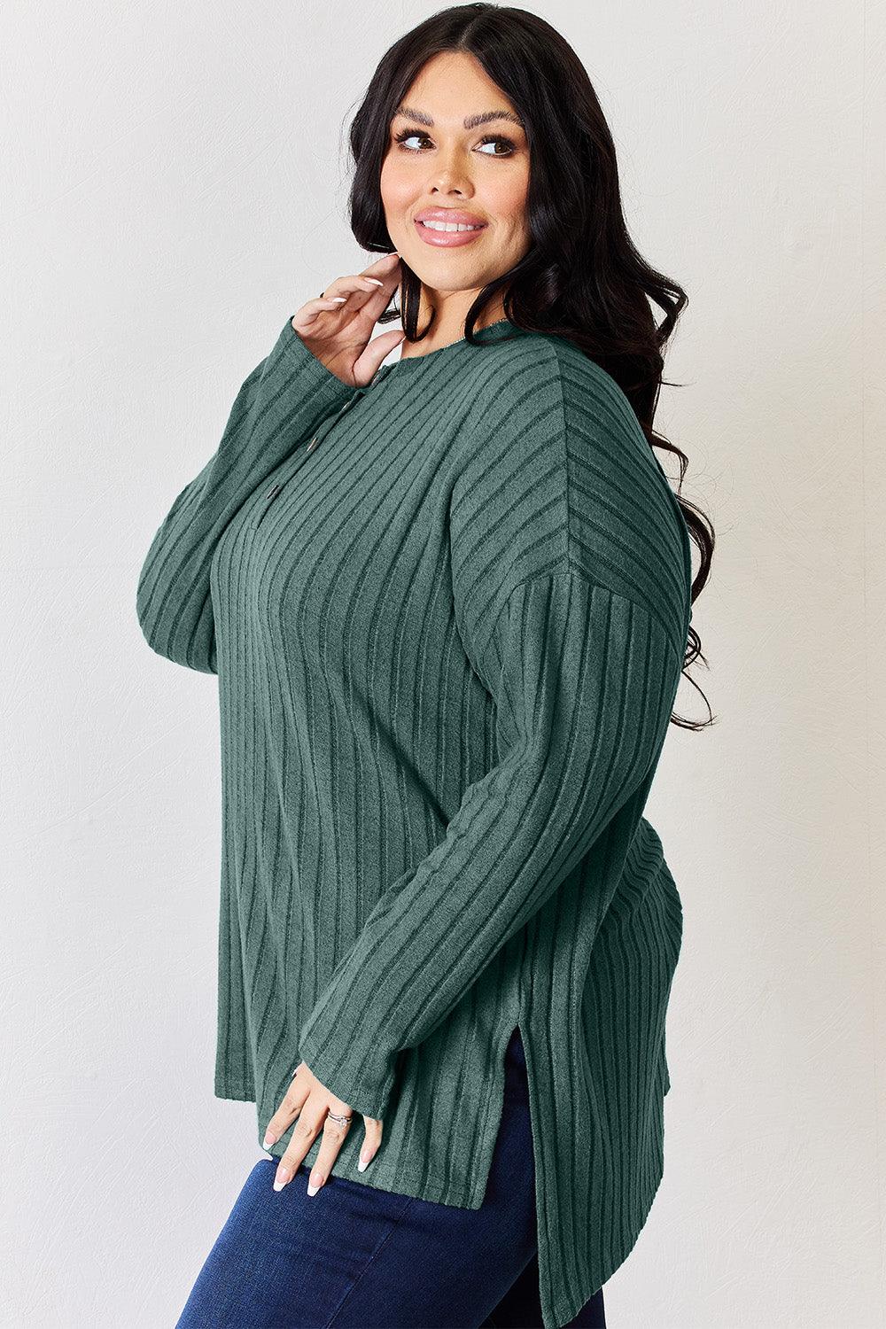 Basic Bae Full Size Ribbed Half Button Long Sleeve High-Low T-Shirt Carauana Store