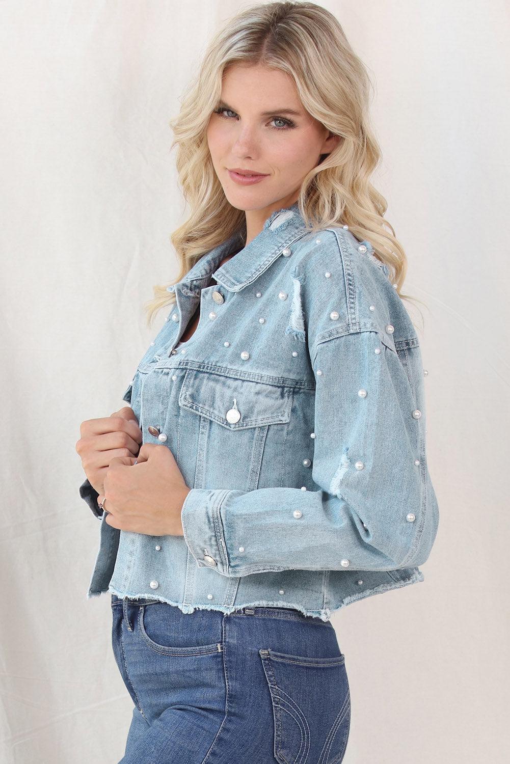 Distressed Pearl Trim Button Up Denim Jacket Carauana Store