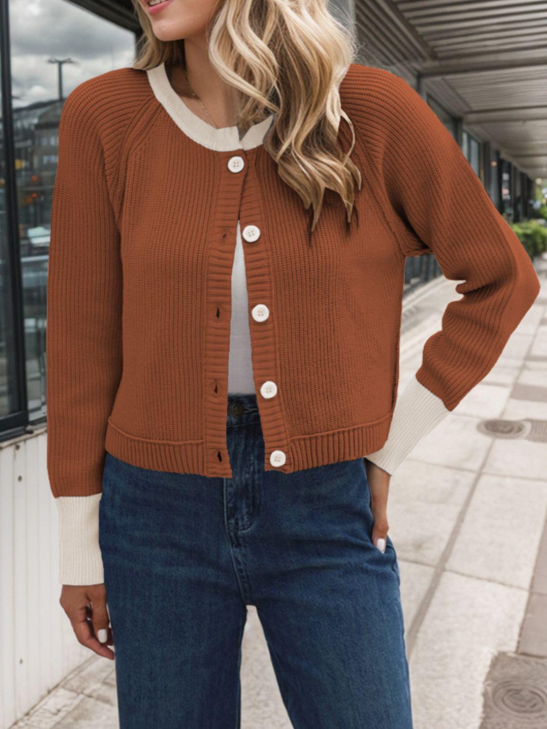 Contrast Button Up Long Sleeve Cardigan Carauana Store