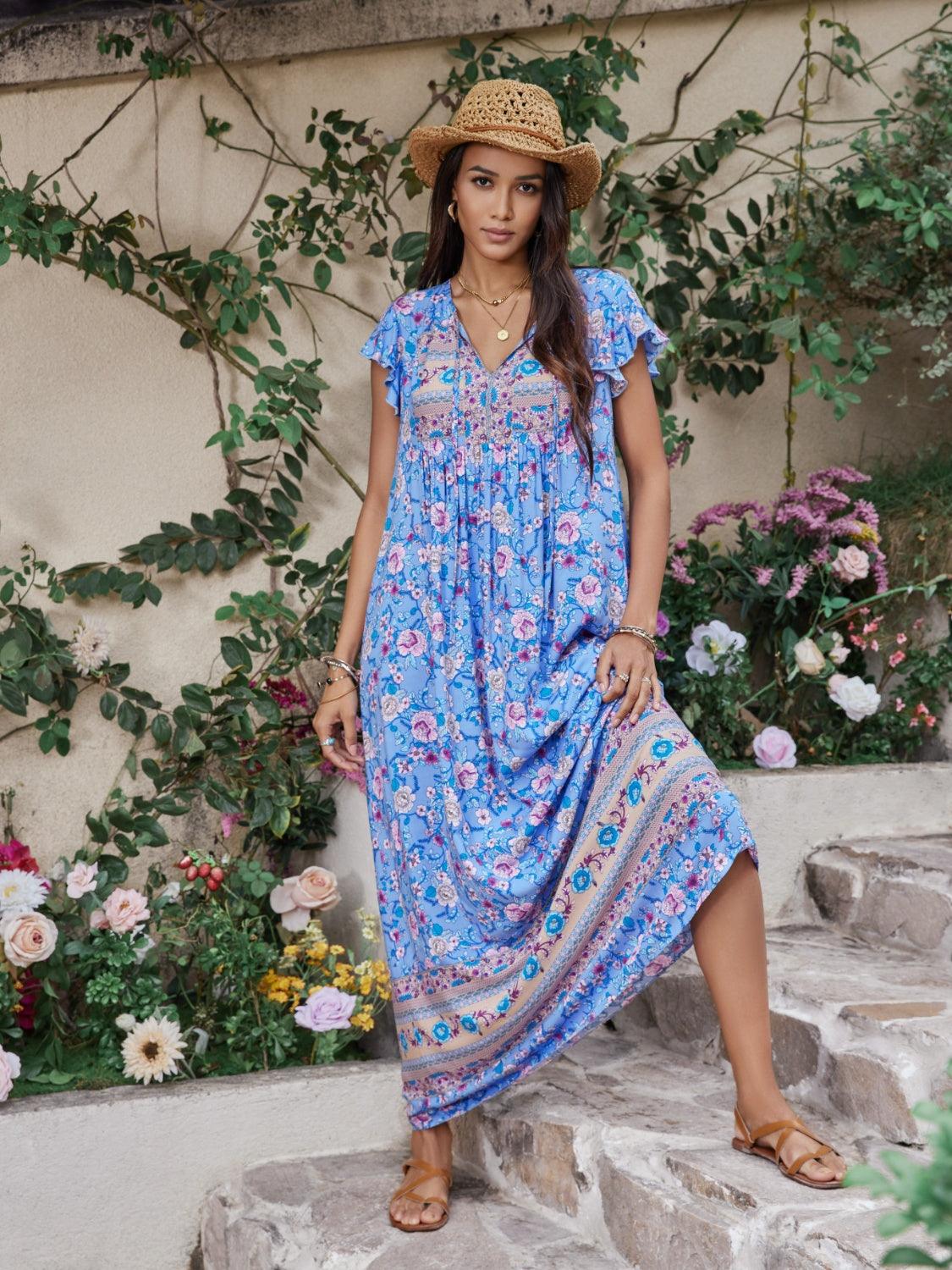 Ruffled Printed Tie Neck Cap Sleeve Dress Carauana Store