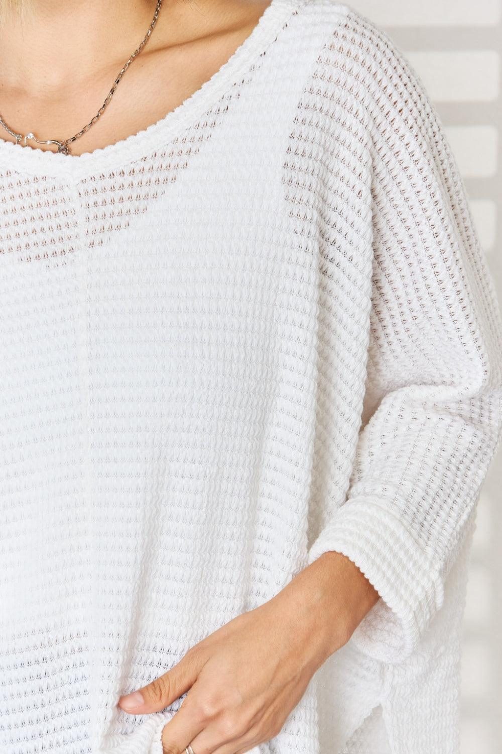 Zenana Full Size Waffle Knit V-Neck Long Sleeve Slit Top Carauana Store