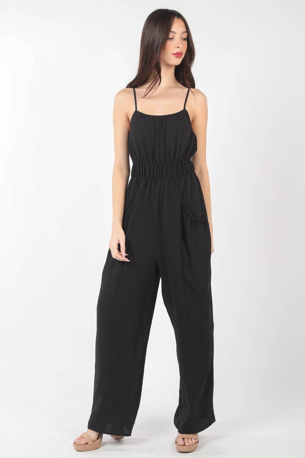 VERY J Pintuck Detail Woven Sleeveless Jumpsuit Carauana Store