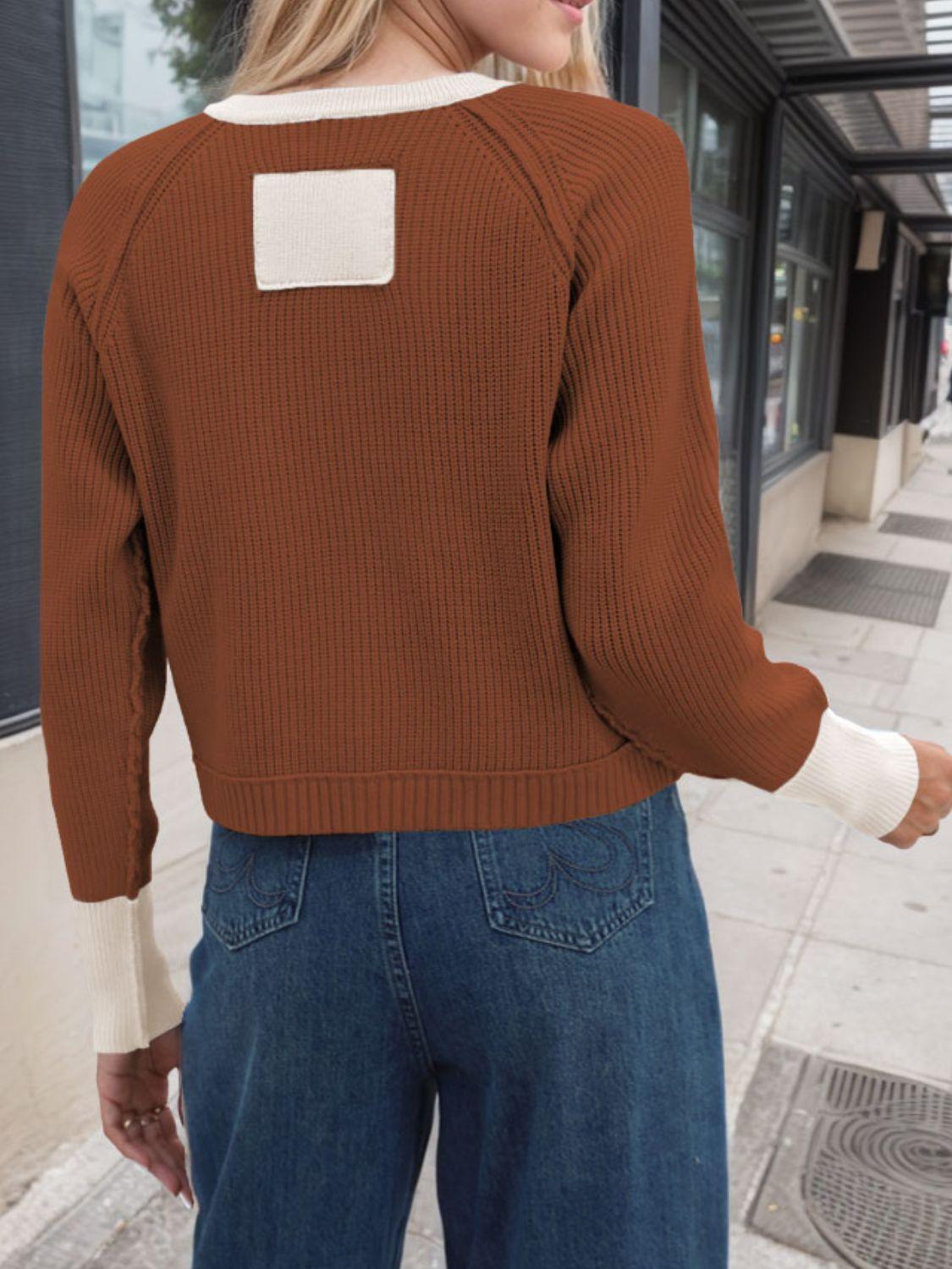 Contrast Button Up Long Sleeve Cardigan Carauana Store