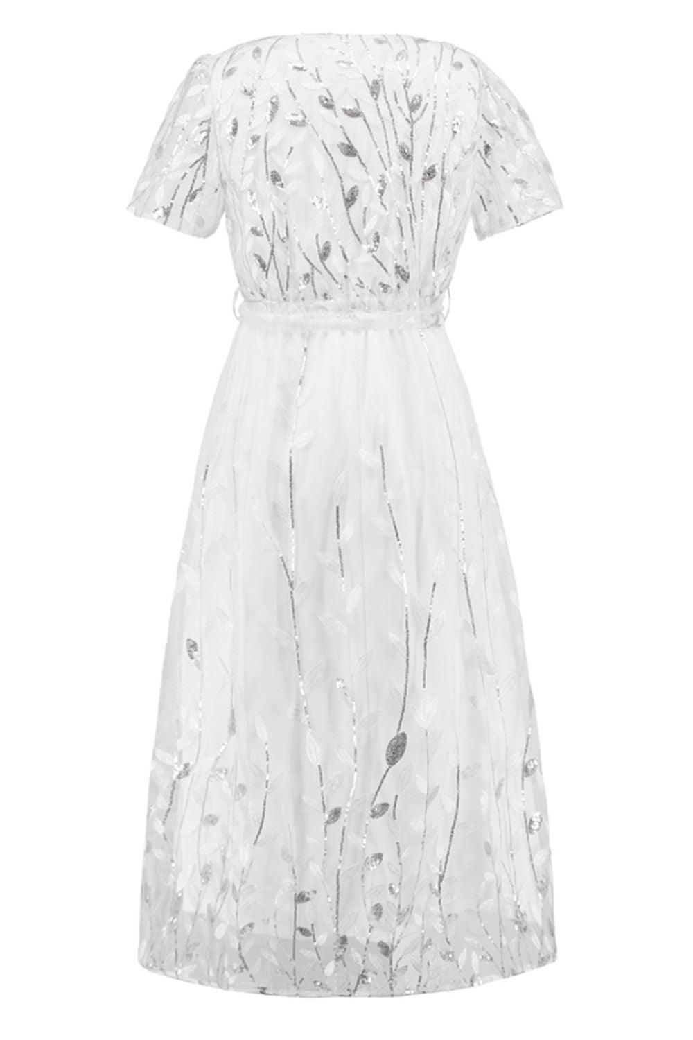 Sequin Leaf Embroidery Tie Front Short Sleeve Dress Carauana Store