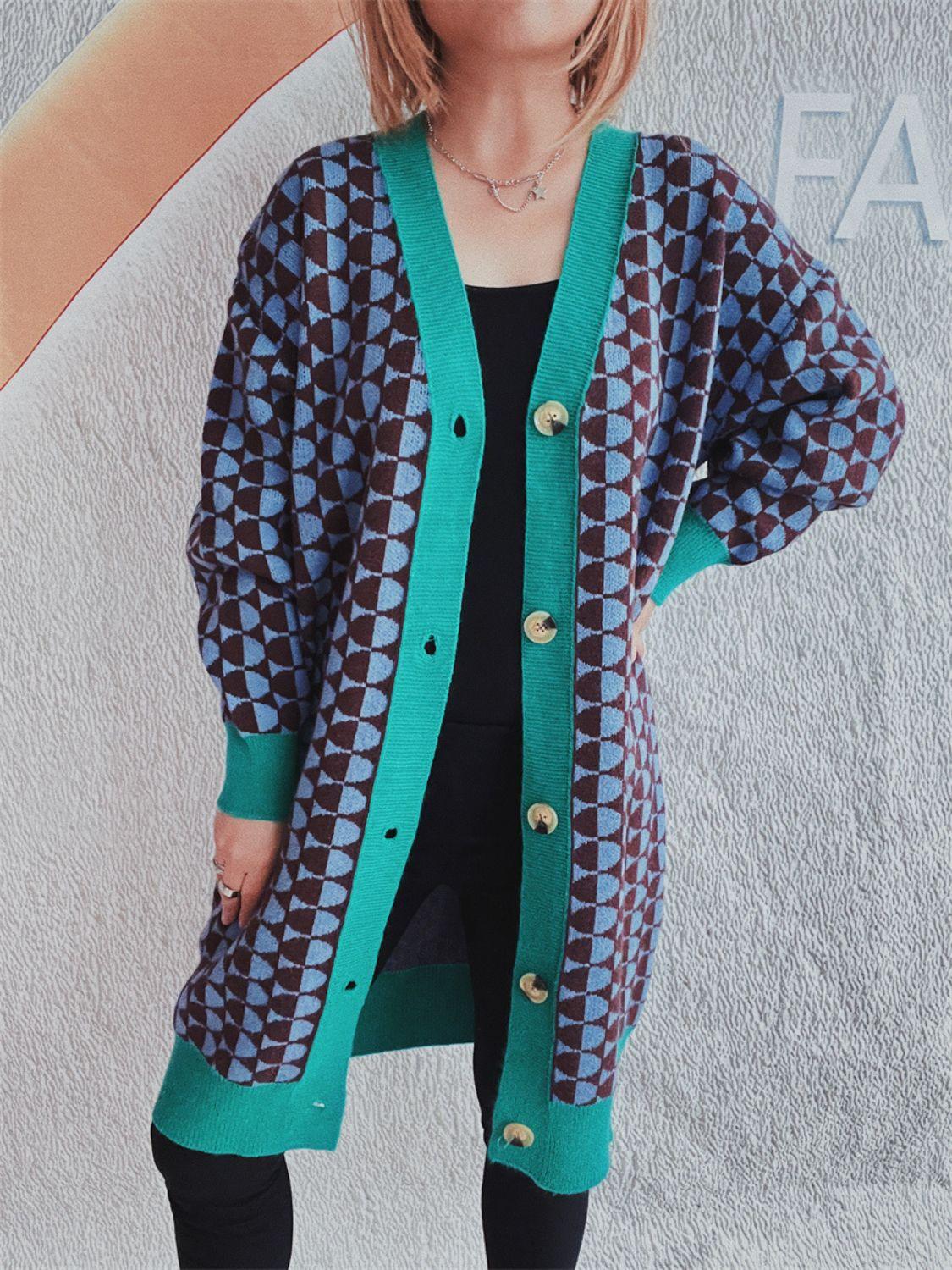 Contrast Trim Geometric Button Down Cardigan Carauana Store