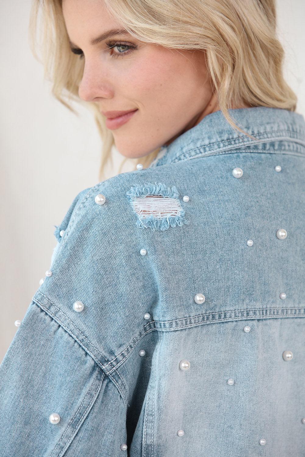 Distressed Pearl Trim Button Up Denim Jacket Carauana Store