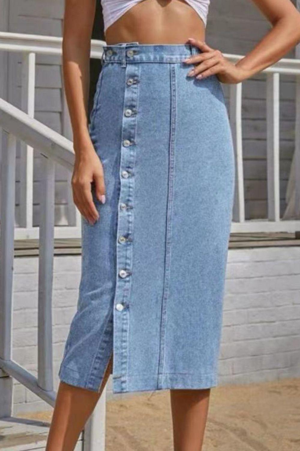 Buttoned Split Denim Skirt Carauana Store