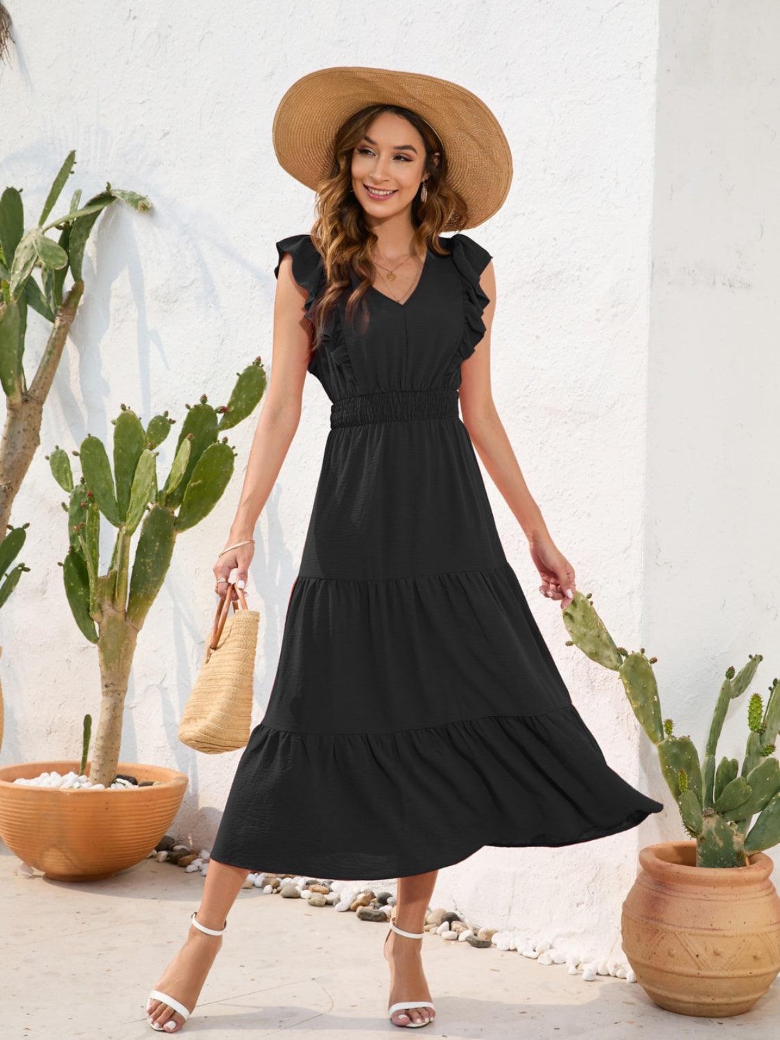 Tiered Ruffled V-Neck Cap Sleeve Dress Carauana Store
