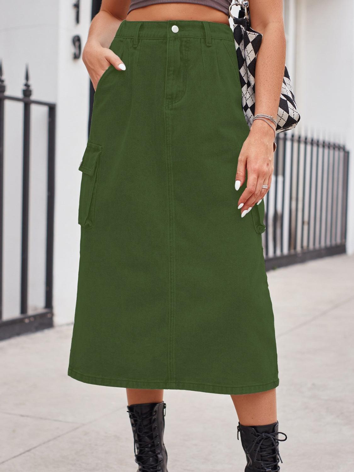 Slit Buttoned Denim Skirt with Pockets Carauana Store
