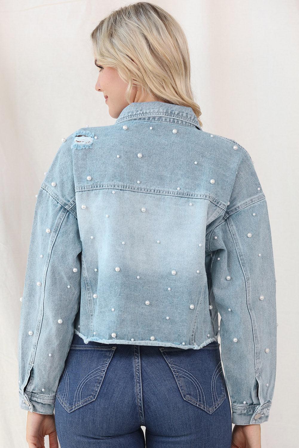 Distressed Pearl Trim Button Up Denim Jacket Carauana Store