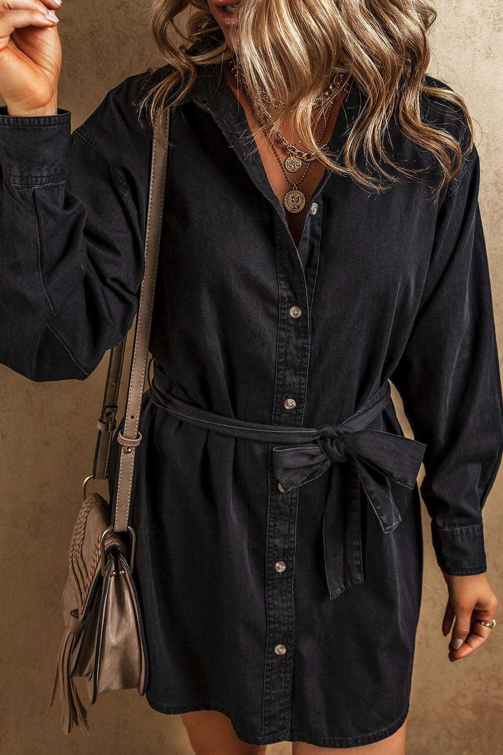 Button Up Collared Neck Denim Dress Carauana Store