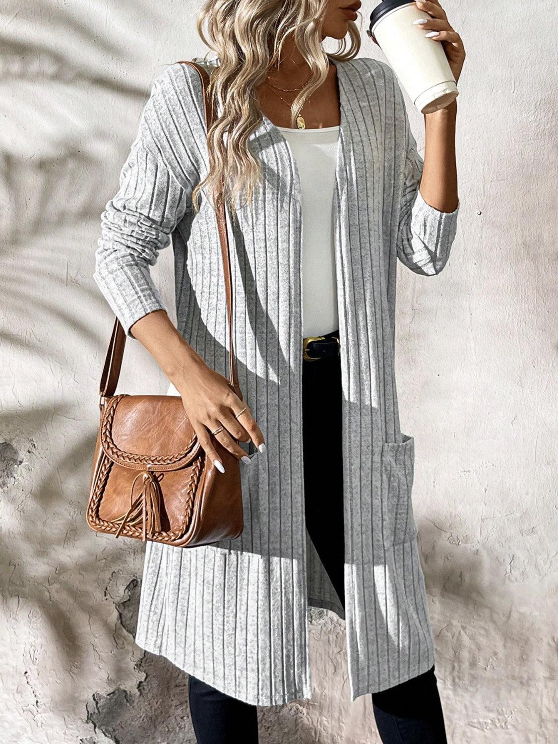Ribbed Open Front Long Sleeve Cardigan with Pockets Carauana Store