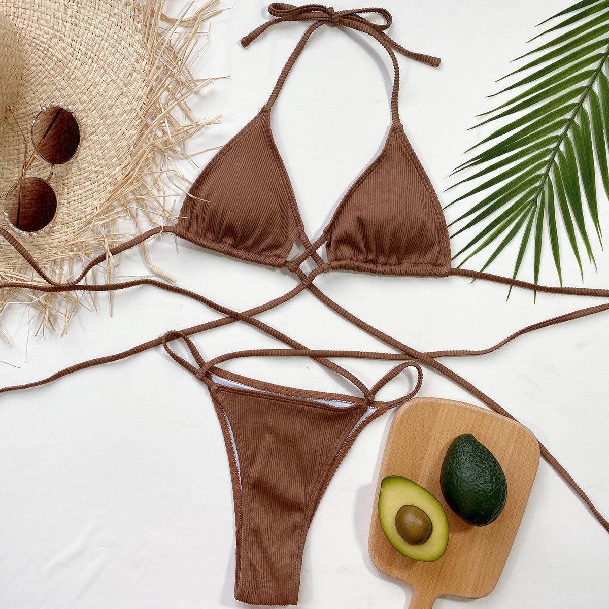 Halter Neck Crisscross Ribbed Bikini Set Carauana Store