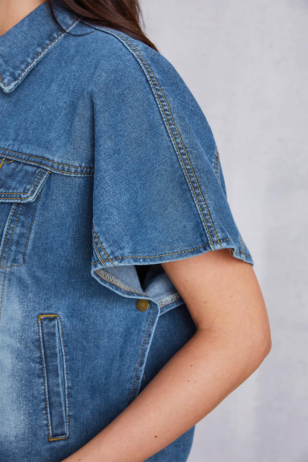 Pocketed Button Up Short Sleeve Denim Top Carauana Store