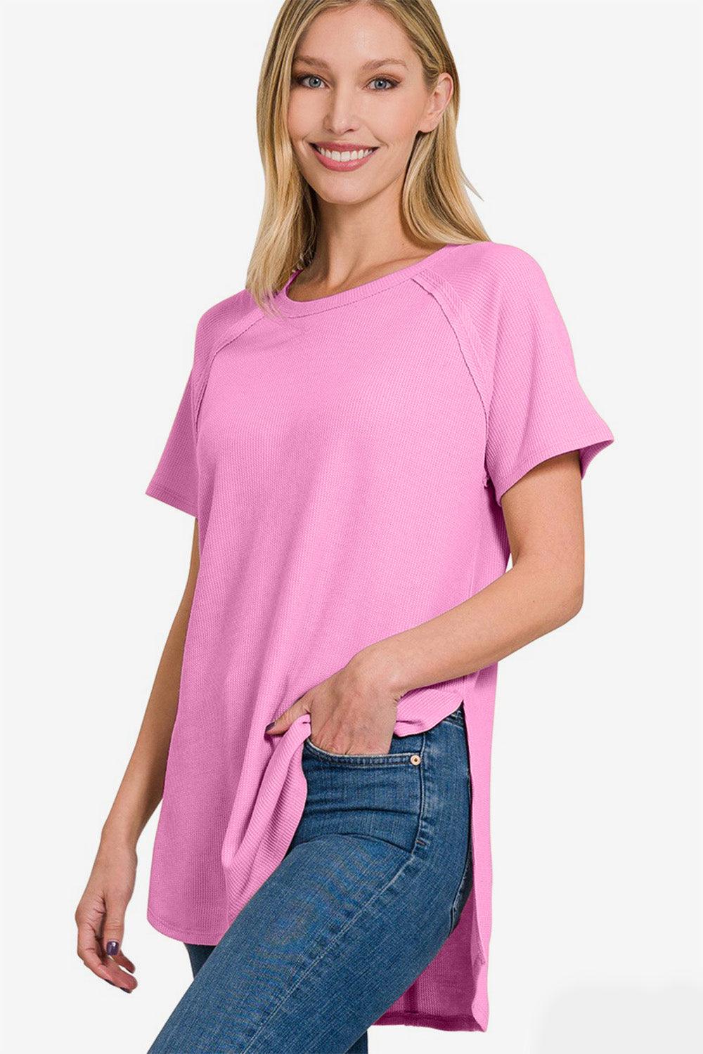 Zenana Slit Round Neck Short Sleeve Waffle Top Carauana Store