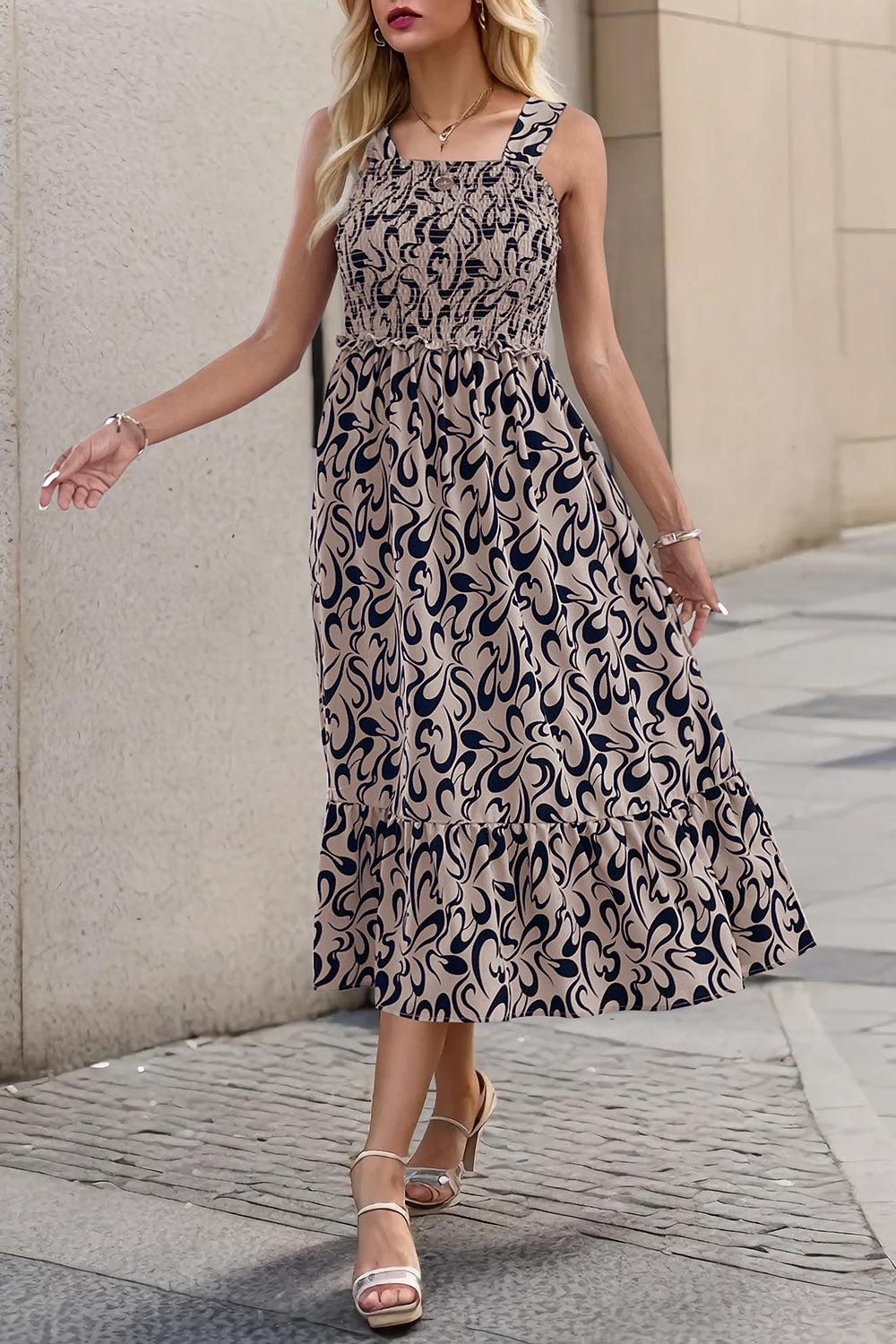 Smocked Printed Wide Strap Dress Carauana Store