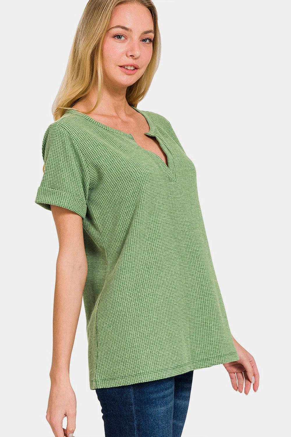 Zenana Waffle Notched Short Sleeve T-Shirt Carauana Store