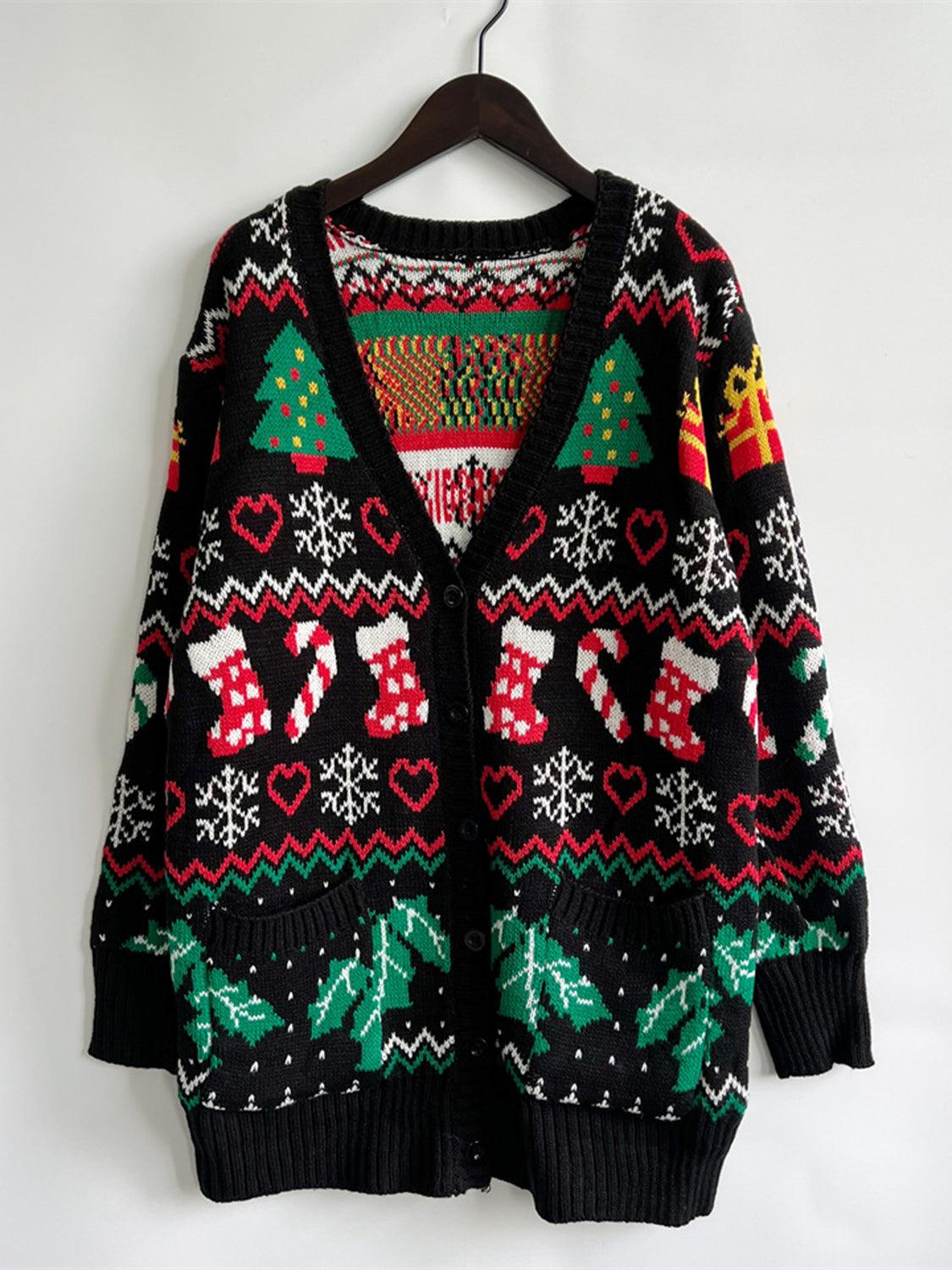 Printed Button Up V-Neck Long Sleeve Cardigan with Pockets Carauana Store