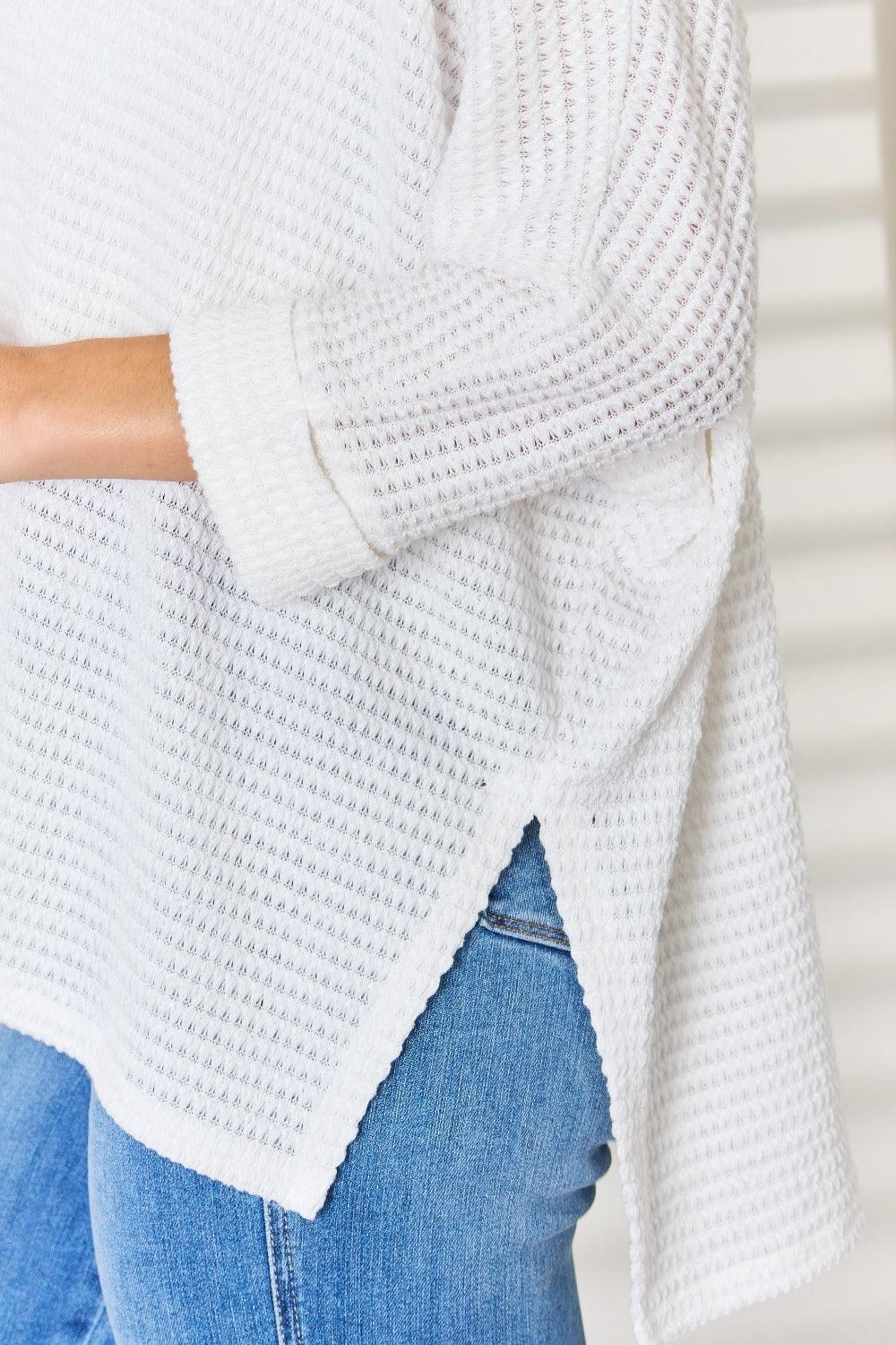 Zenana Full Size Waffle Knit V-Neck Long Sleeve Slit Top Carauana Store