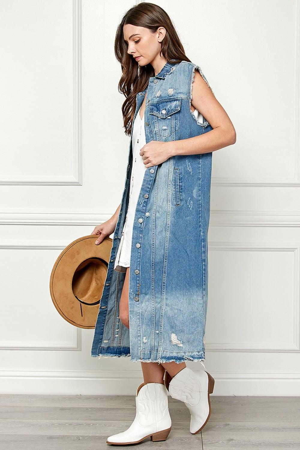 Veveret Full Size Distressed Sleeveless Longline Denim Jacket Carauana Store