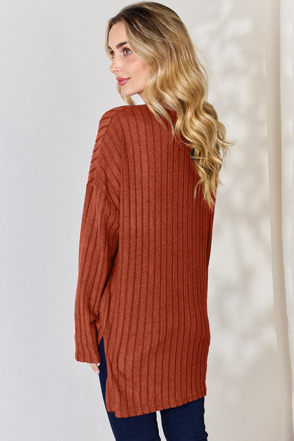 Basic Bae Full Size Ribbed Half Button Long Sleeve High-Low T-Shirt Carauana Store