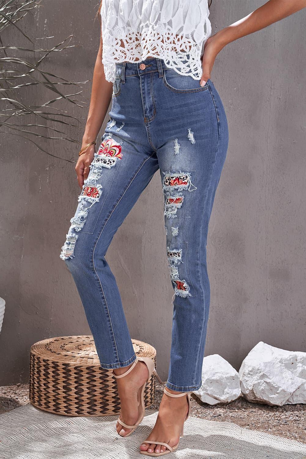 Baeful Leopard Patch Ankle-Length Jeans Carauana Store