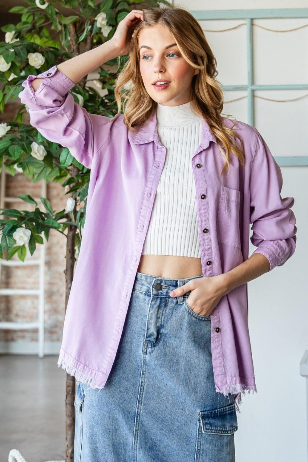 Veveret Raw Hem Button Up Long Sleeve Shirt Carauana Store