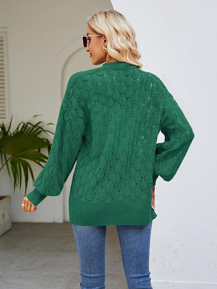 Openwork Open Front Lantern Sleeve Cardigan Carauana Store