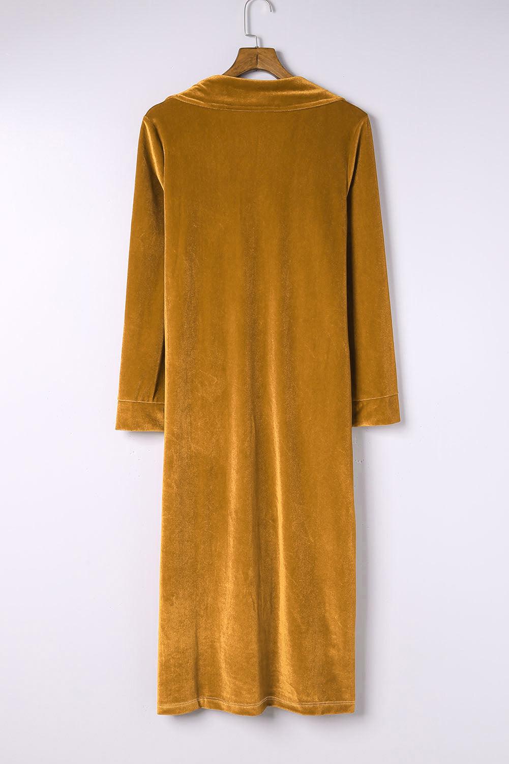 Collared Neck Longline Velvet Cardigan with Pockets Carauana Store