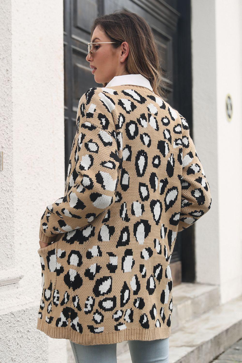 Leopard Open Front Cardigan with Pockets Carauana Store