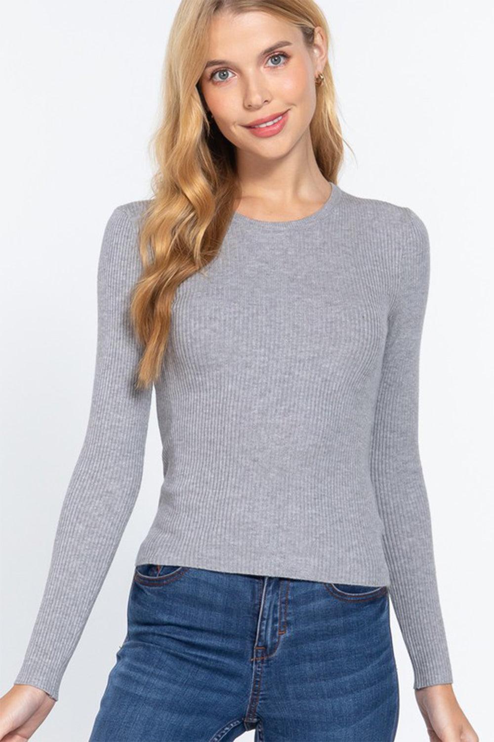 ACTIVE BASIC Full Size Ribbed Round Neck Long Sleeve Knit Top Carauana Store