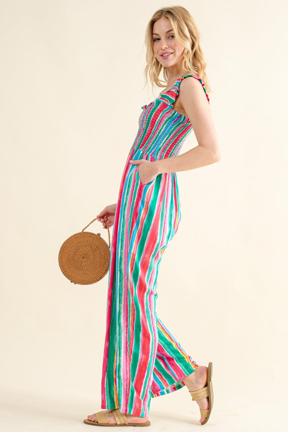 And The Why Full Size Striped Smocked Sleeveless Jumpsuit Carauana Store