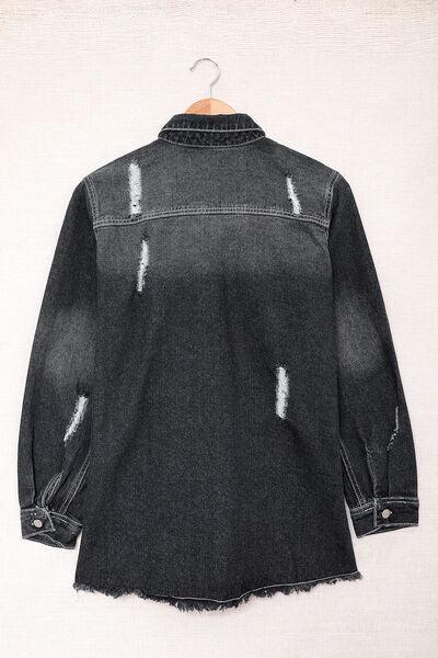 Distressed Button Up Raw Hem Denim Jacket Carauana Store