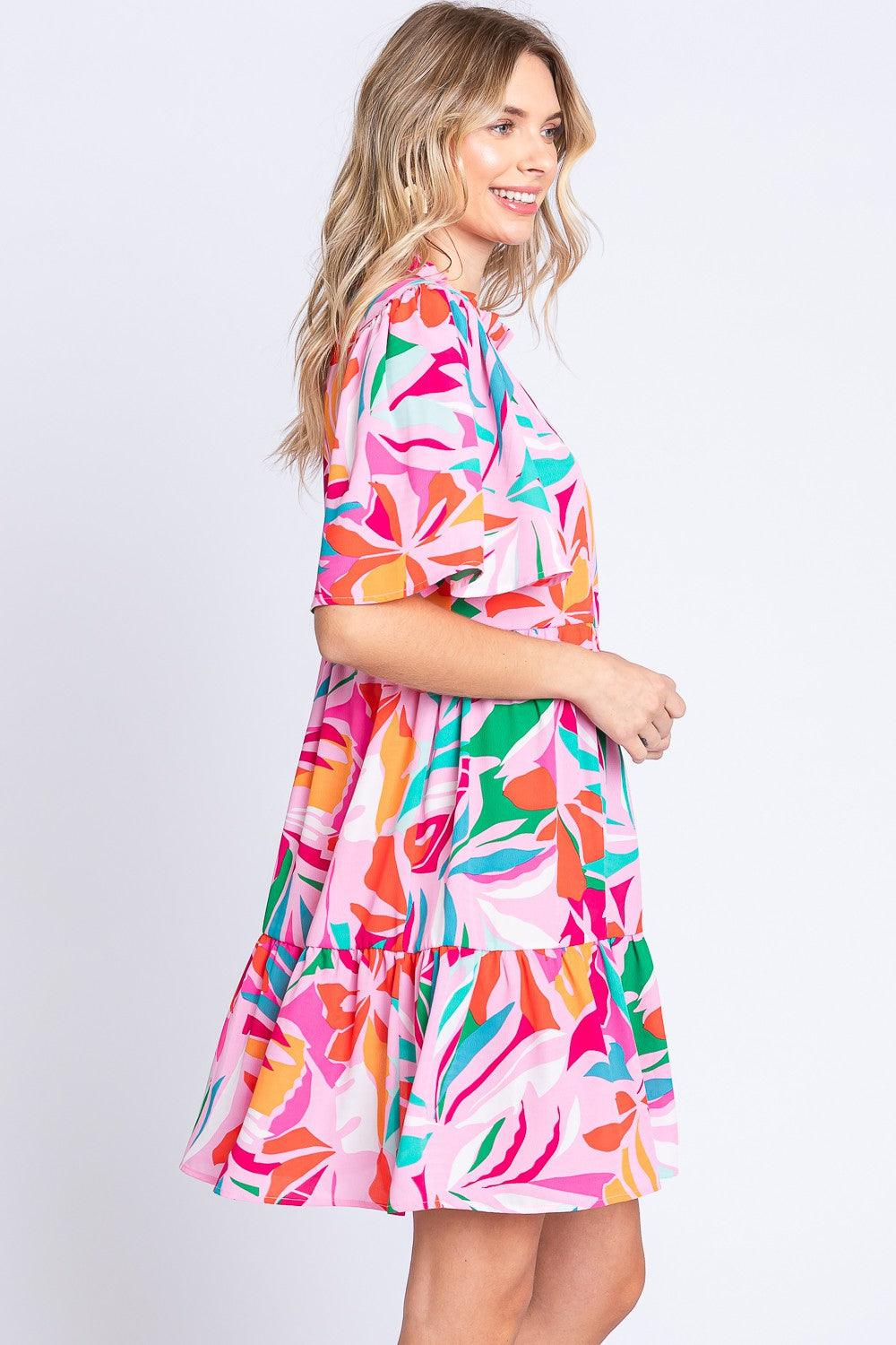 GeeGee Printed Short Sleeve Ruffle Hem Dress Carauana Store