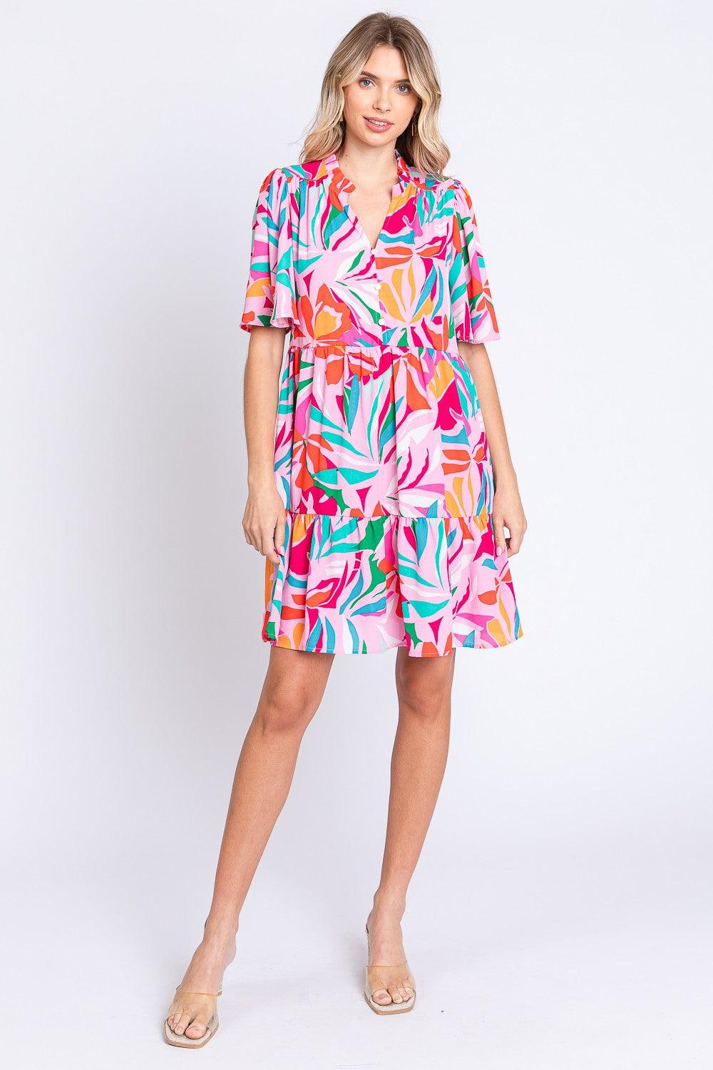 GeeGee Printed Short Sleeve Ruffle Hem Dress Carauana Store