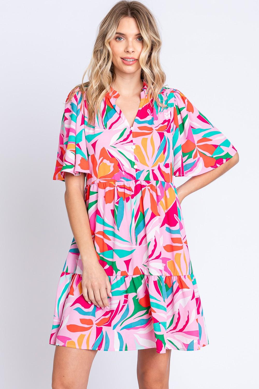 GeeGee Printed Short Sleeve Ruffle Hem Dress Carauana Store
