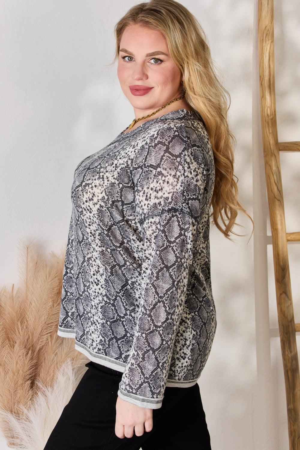 Hailey & Co Full Size Snakeskin V-Neck Long Sleeve Top Carauana Store
