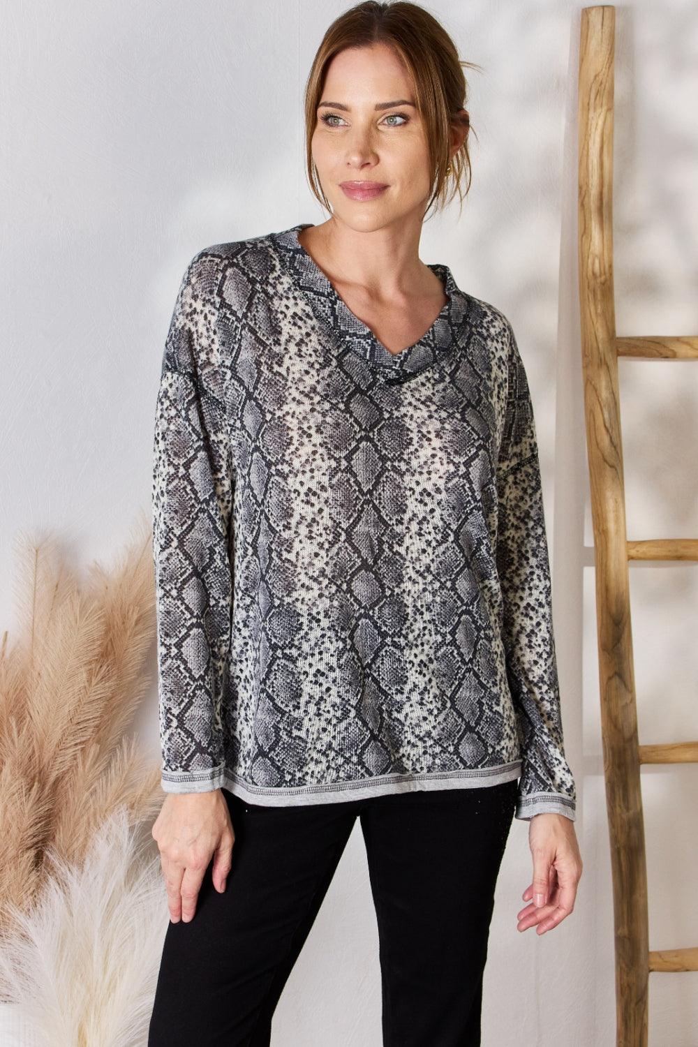 Hailey & Co Full Size Snakeskin V-Neck Long Sleeve Top Carauana Store