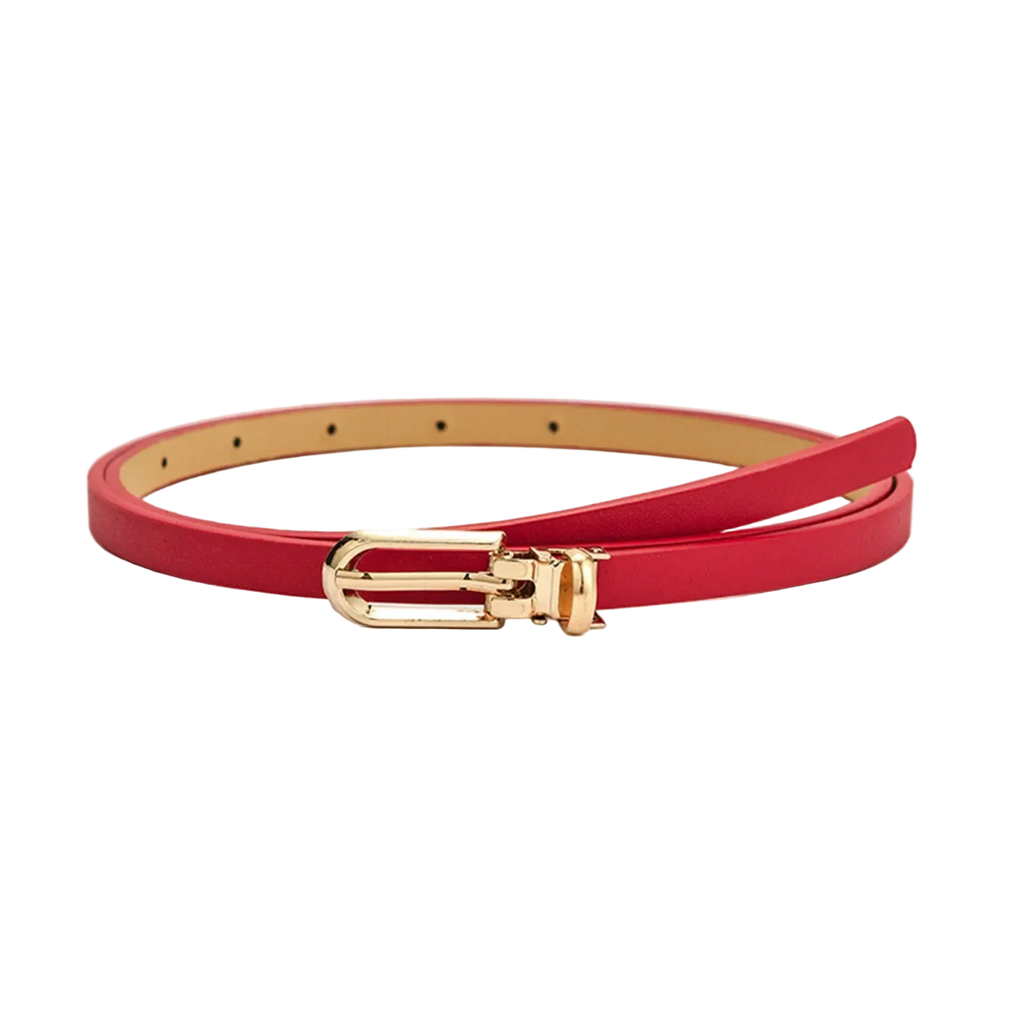 Red belt with a gold buckle