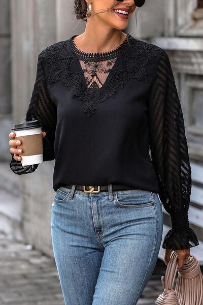 Lace Detail Smocked Flounce Sleeve Blouse Carauana Store