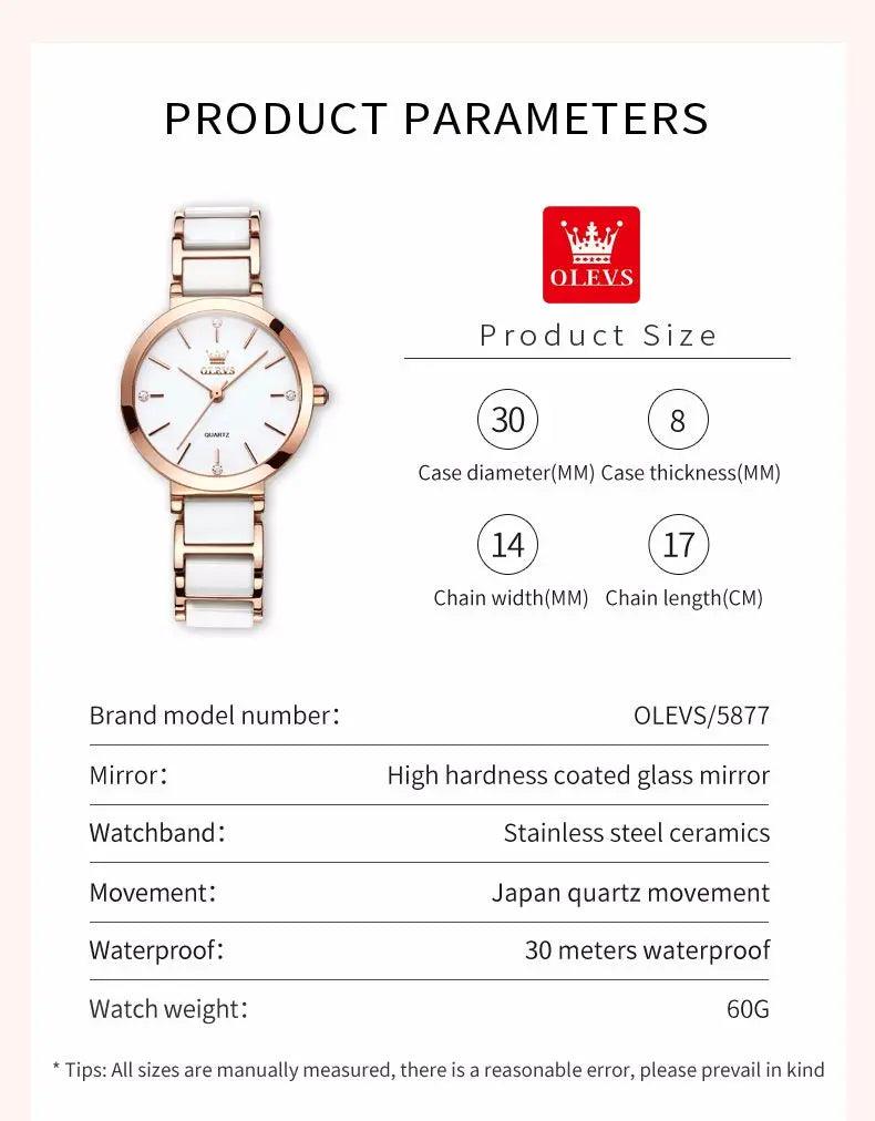 OLEVS 5877 Japan Quartz Women Watch Ceramics Watchstrap Luxury Elegant Ladies Bracelet Watch Watch for Women Relogio Feminino Carauana Store